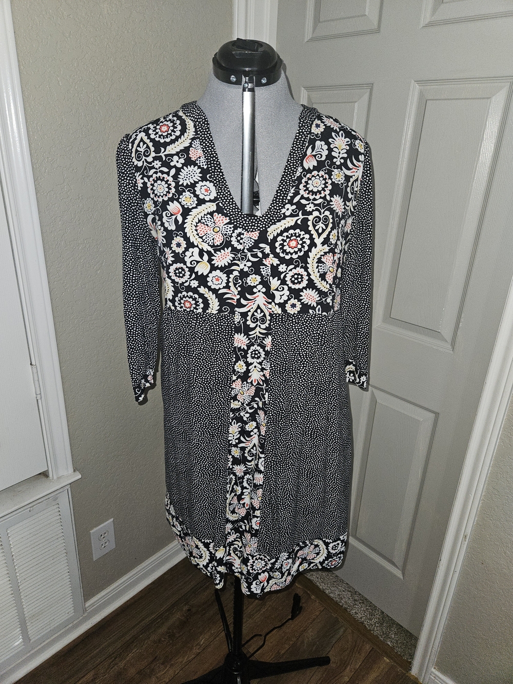 Boden Black Floral V-Neck Mini Dress with Cream and Pink Accents